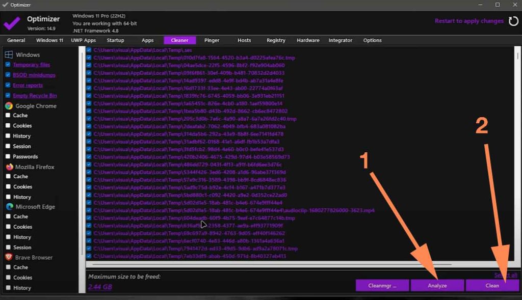 Cleaner section of Optimizer - step 2