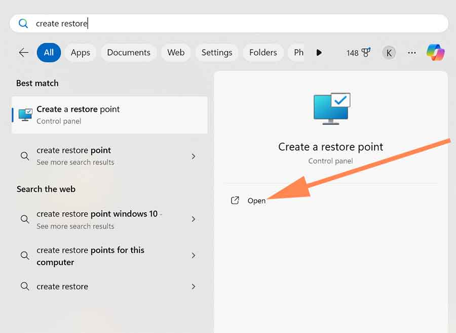 Create a restore point windows search