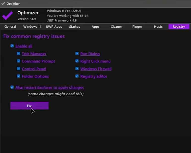 Fix windows Registry errors using optimizer