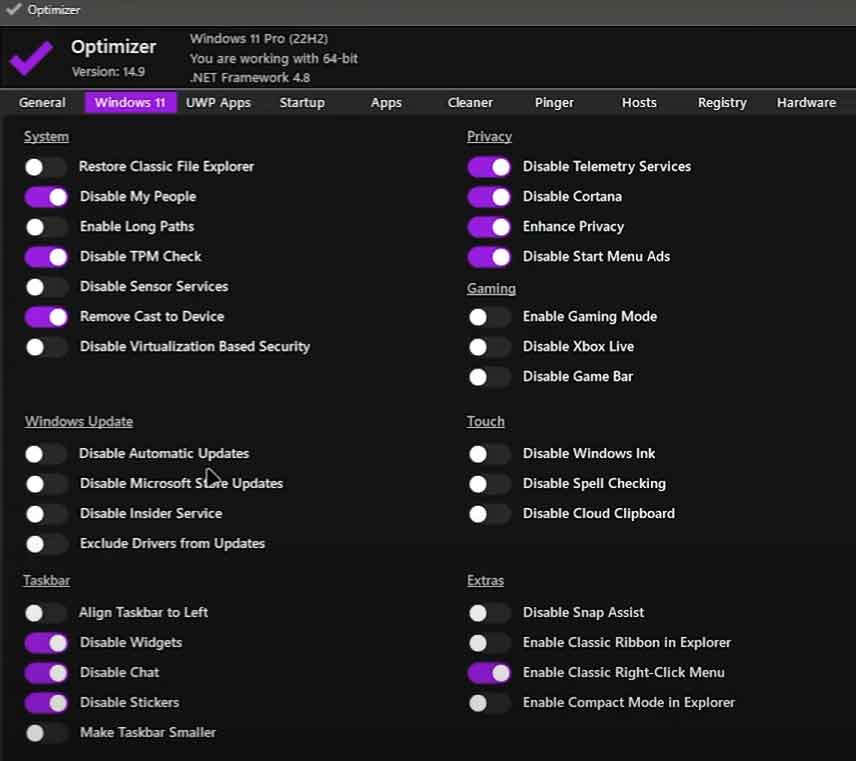 Windows 11 settings for Optimizer