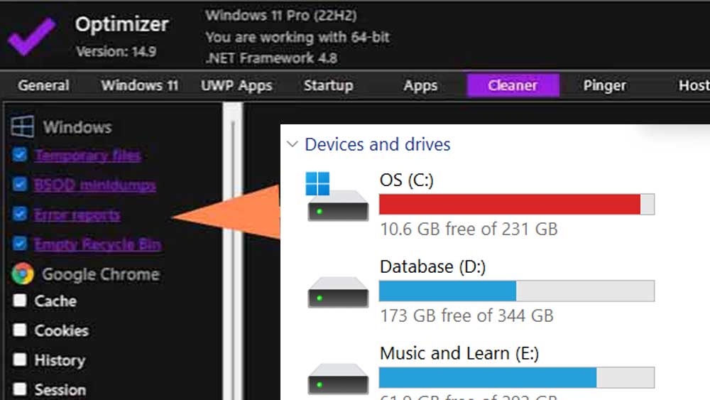 Clean Windows using Optimizer