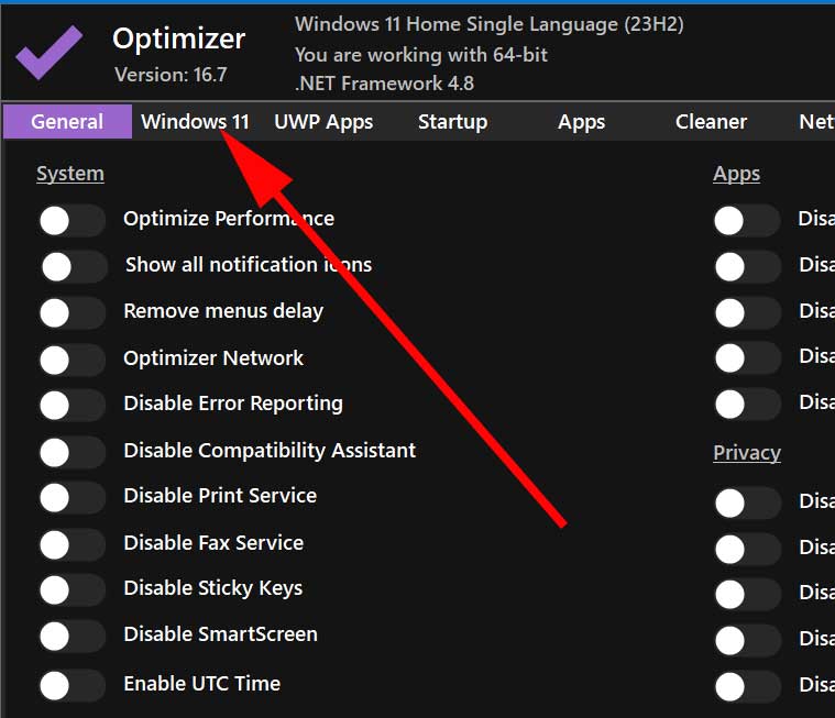 Optimizer Windows 11 settings