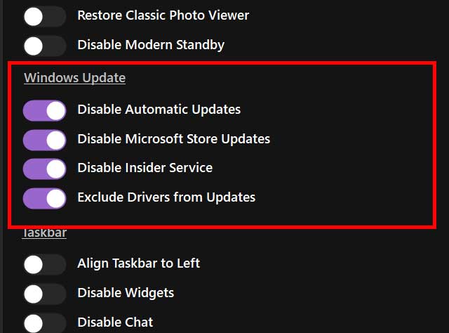 Optimizer Windows Update options