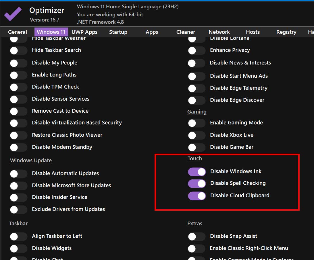 Disable Windows 11 touch features - Optimizer App